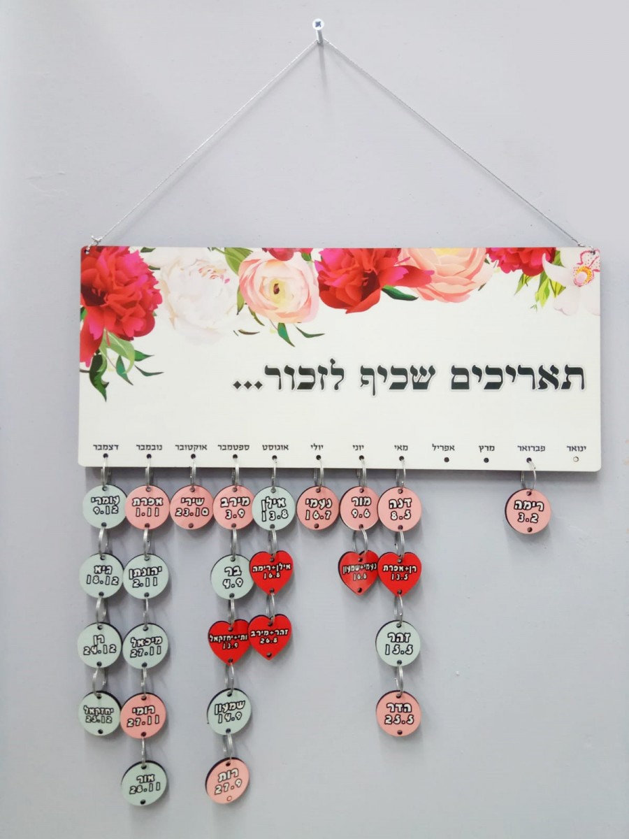 לוח תלוי מעוצב עם פרחים ותגיות תאריכי יום הולדת של בני המשפחה